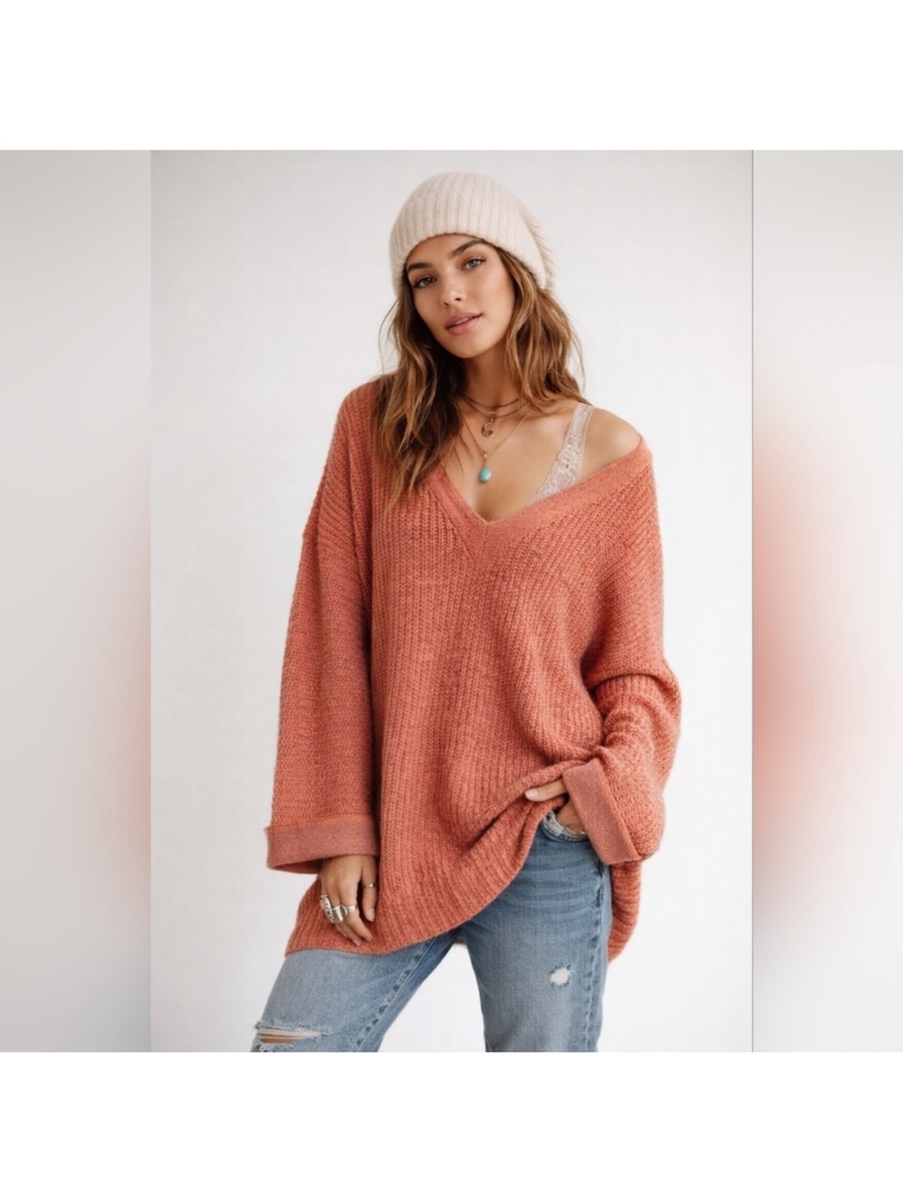 Free People V-Neck Oversized Sweater in Dusty Coral